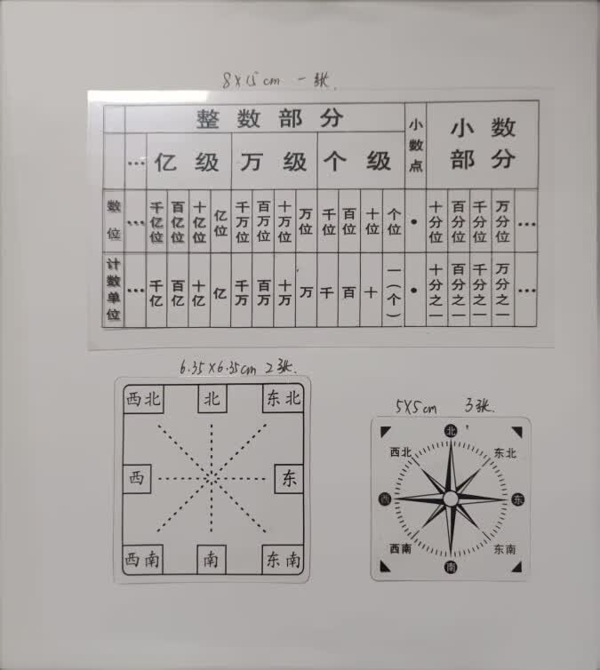 方向板透明二年级教具下册位置与标东南西北坐标表 1张数位2张方向3张