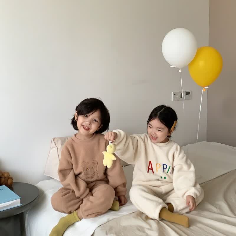 珑淼轩秋冬新款加绒加厚儿童睡衣男女童韩版保暖睡衣套装 AL加绒款卡其色 130#建议身高120-130厘米怎么看?