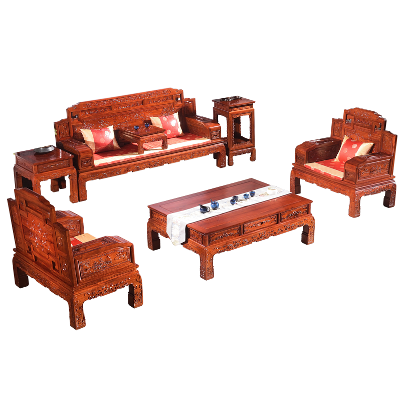 木中央 红木家具 非洲花梨 学名:刺猬紫檀沙发组合 全实木中式沙发 仿古客厅套装 锦上添花雕山水 三人+2单人+大平几+2角几+炕几(七件套)