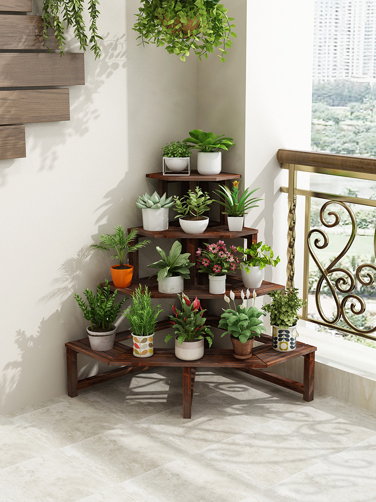 缦宛木实木花架客厅拐角室外阶梯式多肉阳台多层三角防腐木转角花架子