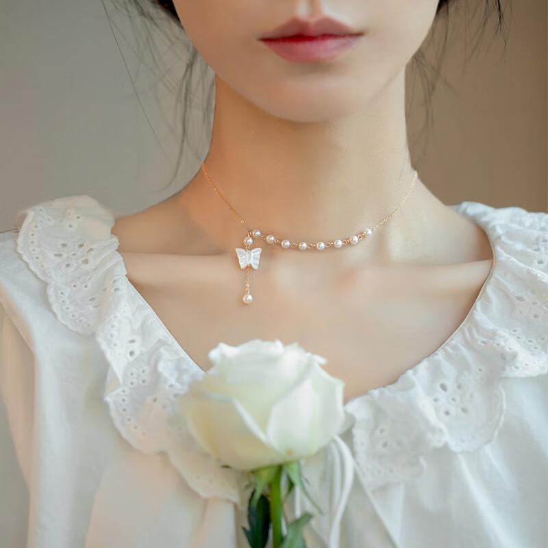 安提诺伯 淡水珍珠项链女白贝母蝴蝶女吊坠情人节礼物送女友老婆