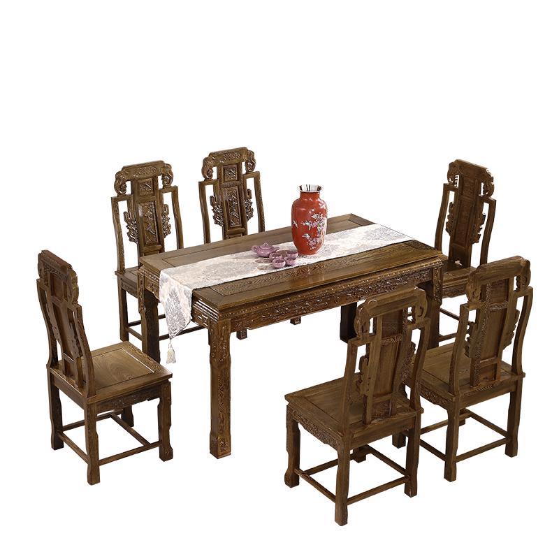 木中央 红木家具 非洲鸡翅木（学名：非洲崖豆木）实木餐桌椅组合 中式象头长方形餐台1.4/1.5饭桌 1.48米+6椅