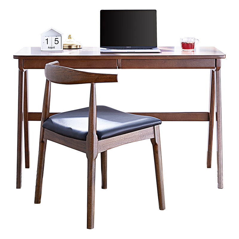 爱必居实木书桌简约家用学生电脑桌北欧写字台卧室日式书房书桌橡胶木办公桌0.8米胡桃色
