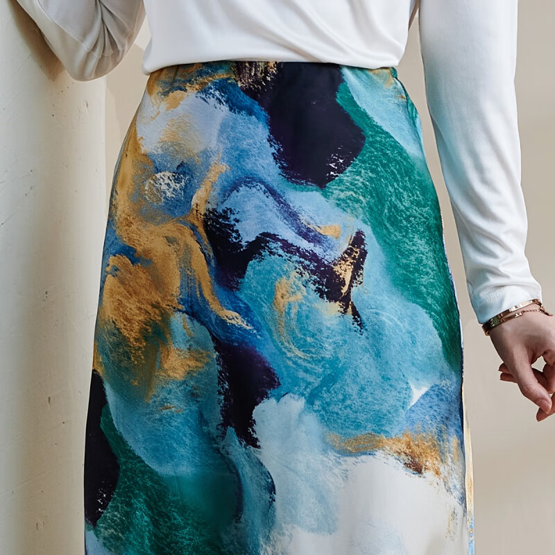 米思阳（missshine）2026新款时尚水彩印花中长裙顺滑显瘦A字半身裙女0630 绿色  2XL