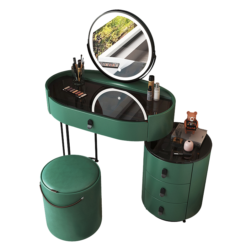 家优梦 梳妆台卧室简约现代化妆桌小户型北欧高级感化妆台 【灰】50组合智能灯+灰储物凳