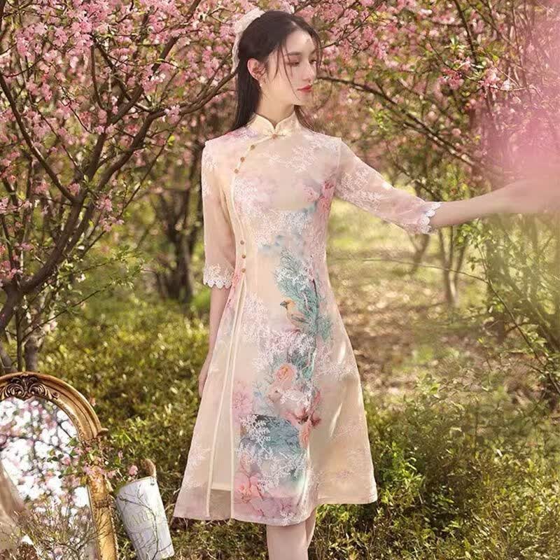 柒十念旗袍新款小个子少女清新显瘦夏款改良版连衣裙 杏色 M高性价比高么？