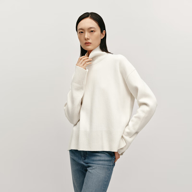 OVV秋冬热卖女装优雅时髦松弛长袖可翻折高领羊绒衫 象牙白 L