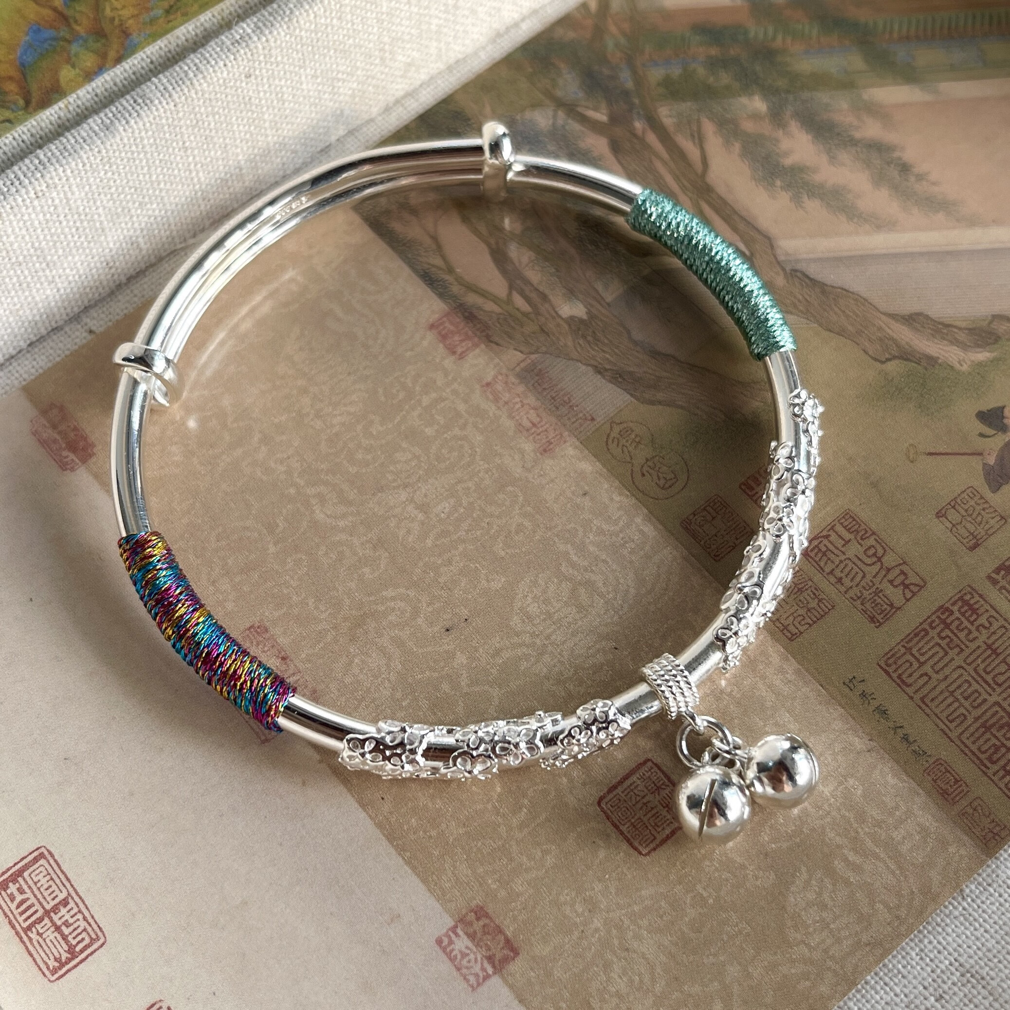 埃尔杰姆足银999花丝铃铛古风繁花银手镯女银镯子一步一响手环送女友