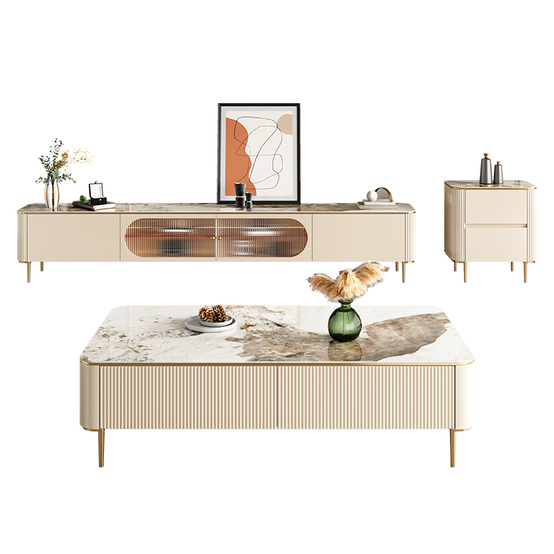 奥左 岩板茶几电视柜组合意式轻奢小户型家用客厅北欧简约创意茶台桌子家具套装 1.3米茶几 【进口岩石面板+轻奢不锈钢五金脚+进口松木抽屉】