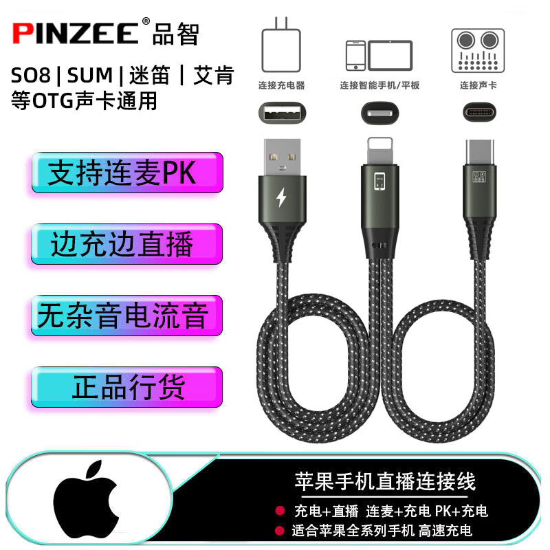 PINZEE SO8声卡OTG转换器水果iphon安卓手机直播转接线MIDI ICON直播一号转接线 水果iphon手机OTG线