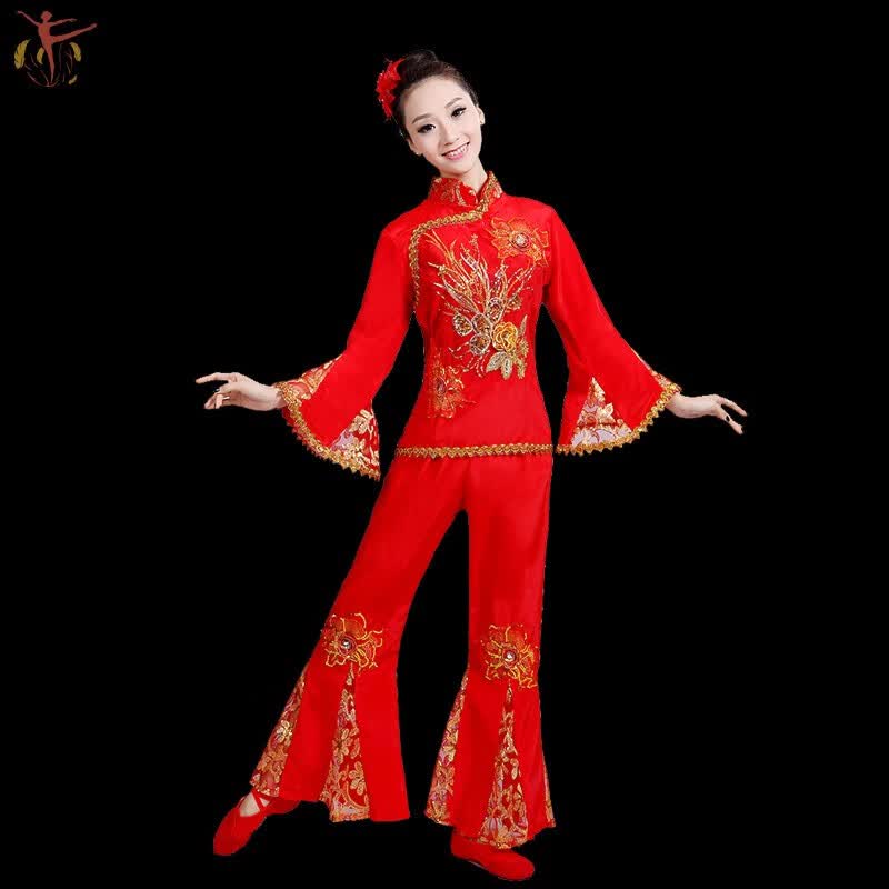 新款喜庆秧歌舞蹈服装演出服女中老年古典舞腰鼓队套装广场舞 红色