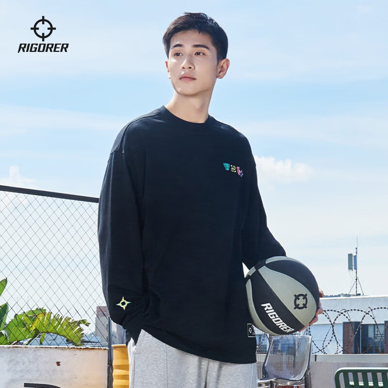 准者斗法长袖T恤男士春冬新款美式篮球运动卫衣潮流刺绣纯棉透气上衣 纯正黑(尺码偏大拍小一码) 刺绣款 XL