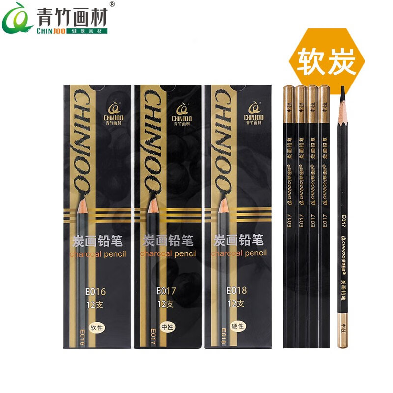 青竹画材（CHINJOO）专业绘画炭笔12支装软炭素描软炭铅笔绘画考试考级工具初学者美术绘图学生铅笔软碳美术写生