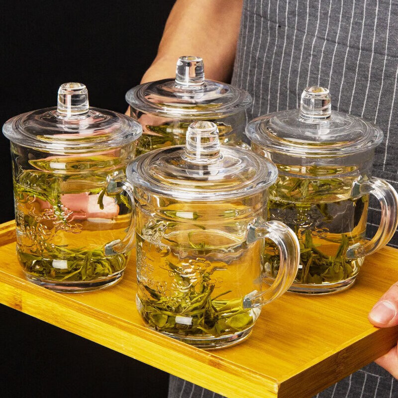 理卫家用大容量泡茶杯带盖玻璃茶杯办公会议室带把带盖玻璃杯子可出票 SR380福字有盖【4只装】不带托