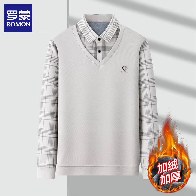 罗蒙（ROMON）假两件加绒毛衣男冬季新款商务休闲男士针织打底衫男装上衣 米白 加绒 L (建议体重120-140斤) 京东折扣/优惠券