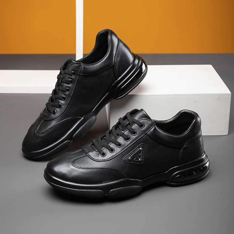 帕达索男士系带低帮高软弹休闲运动鞋商务运动绑带气垫鞋 黑色 38