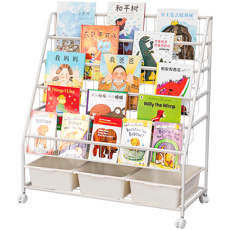 SOFS儿童书架 可移动落地宝宝绘本架玩具收纳架 学生铁艺小书架书报展示架 简易钢制旋转书架柜 XL码 移动款(5层展示+1层收纳) 3盒
