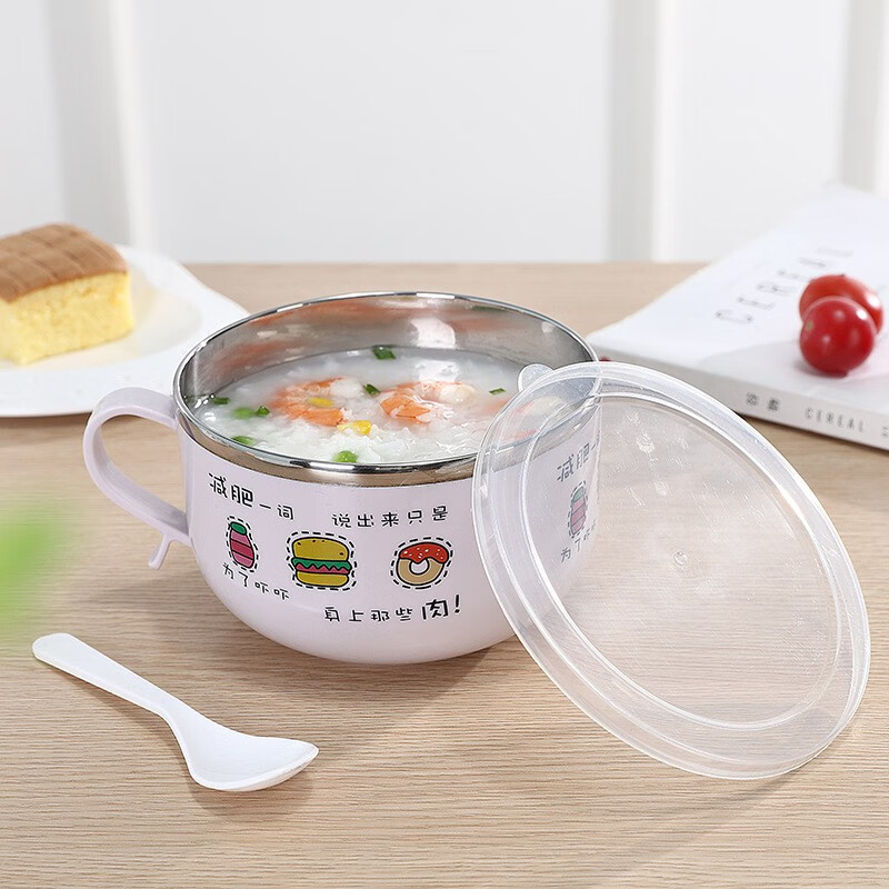 不锈钢韩式泡面碗卡通图案带盖餐盒保鲜圆形大容量饭盒 浅粉-带盖带勺