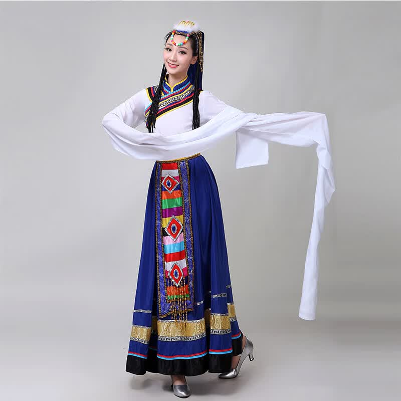 hawit水袖舞蹈服藏族舞蹈服装演出服女藏族舞蹈表演服大裙摆甩袖演出服 白色上衣+蓝裙 XL怎么看?