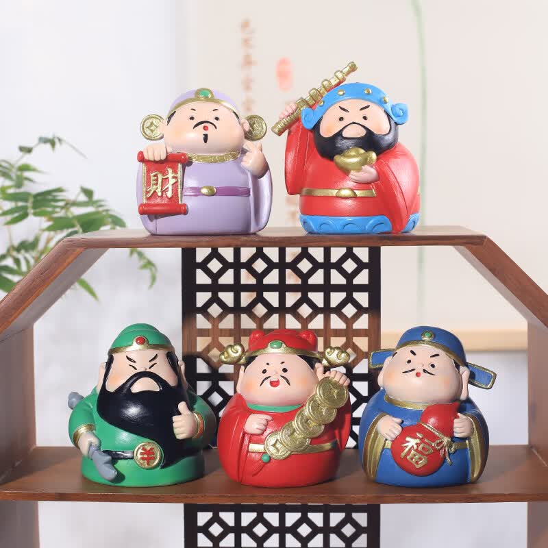 如果国风五路财神摆件车载招财生日礼物男办公室桌面装饰文创开业礼品 福气小财神摆件全套送礼袋
