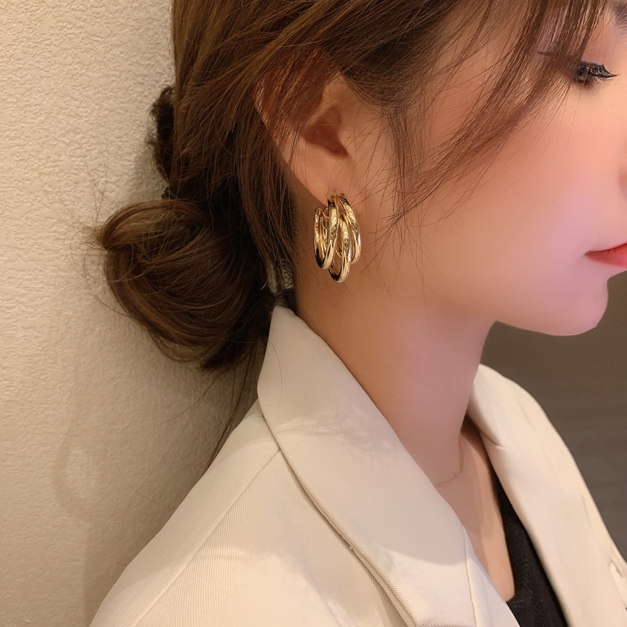 阁韩国东大门金属三圈耳环气质925银针网红耳环女耳钉气质搭配耳饰