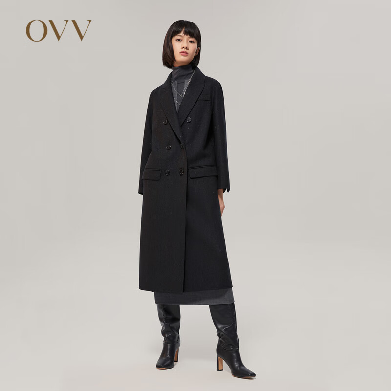 OVV秋冬热卖女装经典复古双排扣亚麻羊毛混纺大衣 黑色花纹C9 S