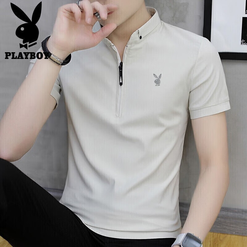 花花公子（PLAYBOY）短袖T恤男2023夏季冰丝T恤男士立领休闲POLO打底衫上衣纯色衣服