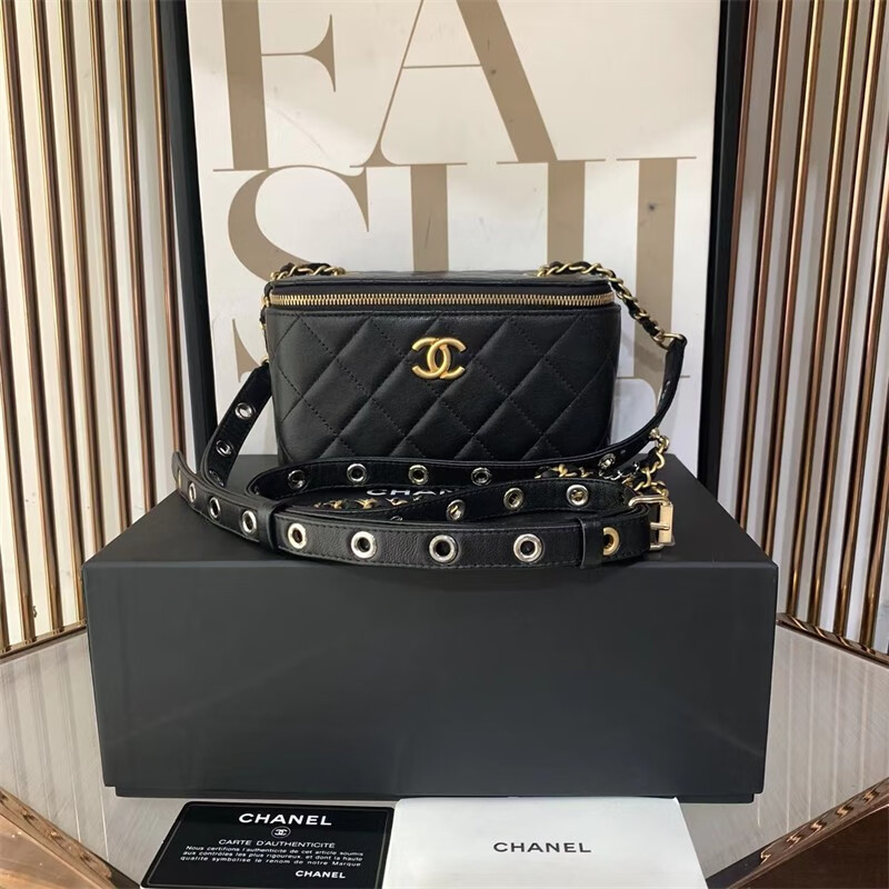 【二手99新】全套 chanel/香奈儿 黑色山羊皮盒子化妆包 31开 可斜挎