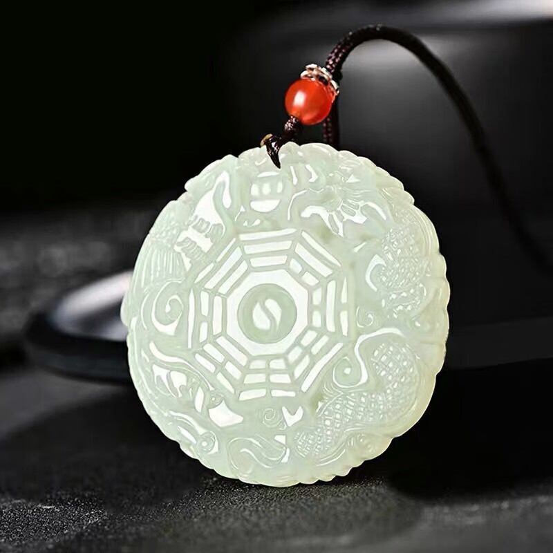 润艺 天然和田玉龙凤八卦牌吊坠 男女款白玉八卦玉佩玉石挂件玉项链