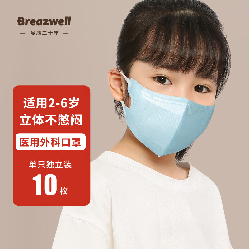 Breazwell儿童医用外科口罩3D立体夏季薄款灭菌级防护卡通口罩学生男女童口罩独立包装 蓝色S码2-6岁10只