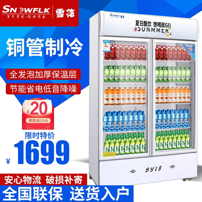 雪花（SNOWFLK）冷藏展示柜 便利店冰箱保鲜饮料冷柜 单门双门陈列柜商用立式冰柜 双门豪华款（铜管）
