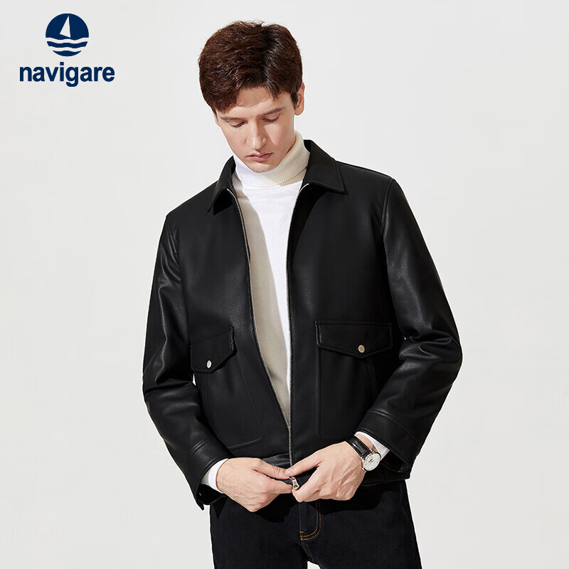 Navigare 意大利小帆船真皮皮衣男2022秋冬机车风皮夹克夹棉软革羊皮外套1346802011 黑色 XXL/54 
