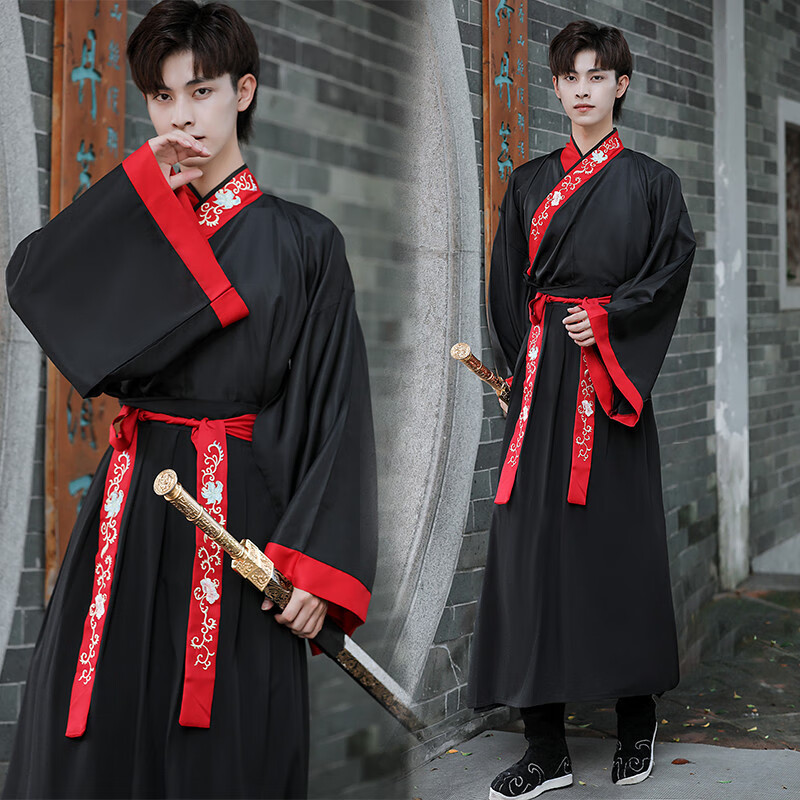叙耳汉服男国风古风武侠剑客男士大码公子学生班服套装汉服古装衣服 领花广袖男全黑套装 170  L怎么看?