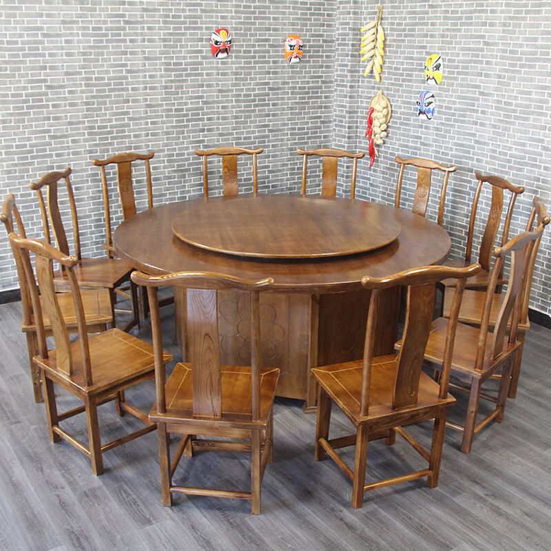 寒婵新中式复古实木家用酒店农家乐餐厅饭店大小圆桌椅组合带转盘餐桌