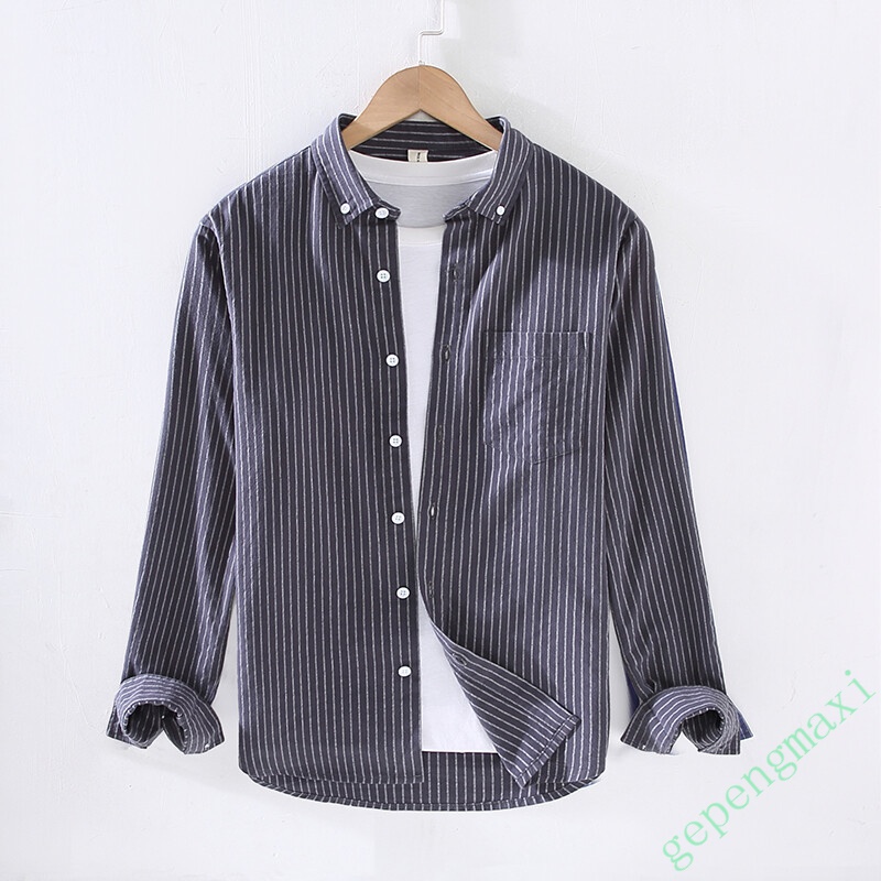 棉质中青年衬衣条纹翻领长袖男士上衣简约时尚百搭男装衣服 灰蓝色 m