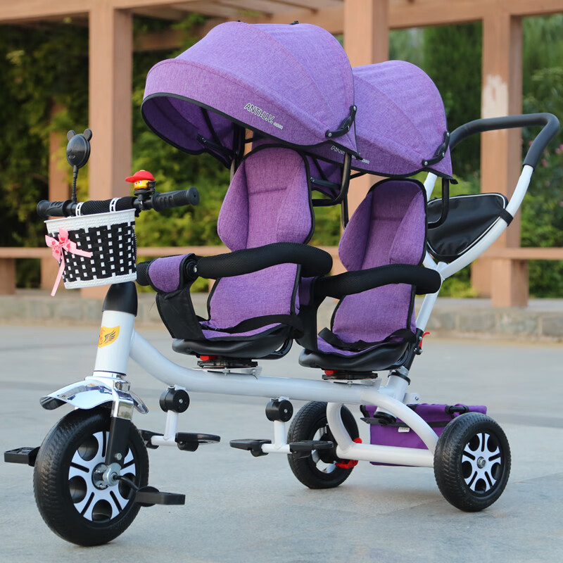 双人推车一大一小儿童三轮车双胞胎手宝宝脚踏车1-7岁婴儿轻便脚 亚麻