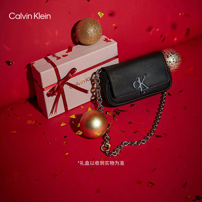 Calvin Klein女包时尚优雅简约ck字母旋扣翻盖链条单肩斜挎马鞍包礼物DH3240 001-太空黑 OS
