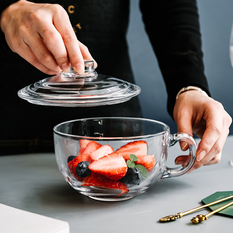 哲韵耐热玻璃碗沙拉碗麦片碗微波炉碗钢化带把手水果碗零食沙拉盖碗