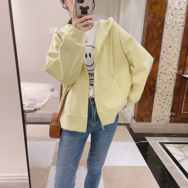 棒球服加厚外套女2023春秋百搭高密柔软拉链连帽宽松短外套长 青柠绿