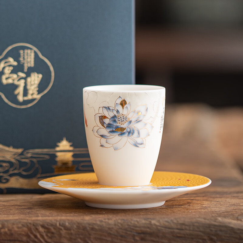 主人杯单杯羊脂玉瓷功夫茶杯荷花家用喝茶品茗杯 妙色清欢品茗杯 杯垫