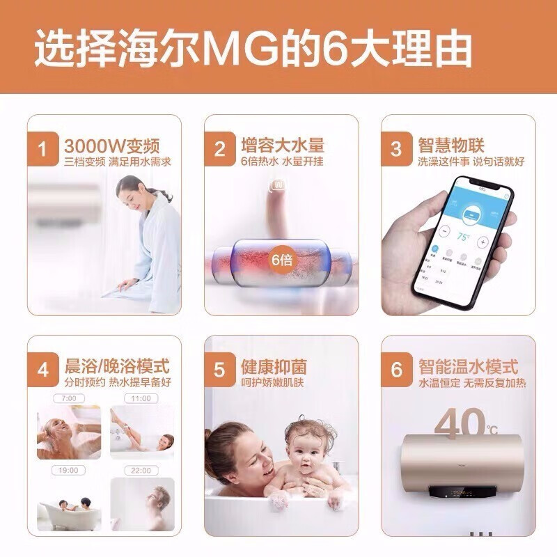 Haier/海尔 60升/80升电热水器电家用储水式 速热卫生间储水洗澡 变频速热 一级能效 EC6002-MG(U1)