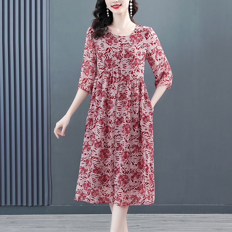 沁芍50岁到60岁中老年妈妈穿的棉麻连衣裙有口袋春夏季七分袖碎花