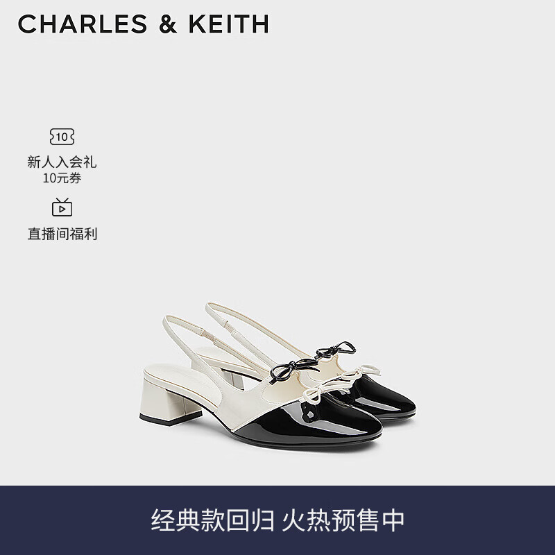 CHARLES&KEITH24夏新品法式蝴蝶结粗跟包头低跟凉鞋CK1-61720194 粉白色Chalk 38