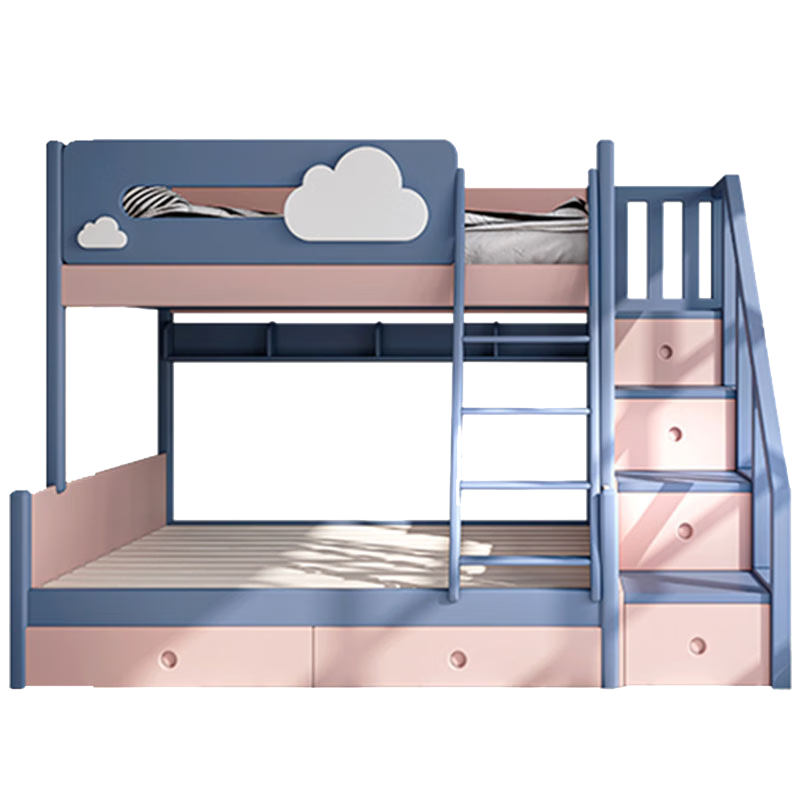 喜力美儿童床上下床上下铺实木双层彩色云朵多功能小户型子母床高低床 上105下135爬梯+抽屉书架+床垫*2