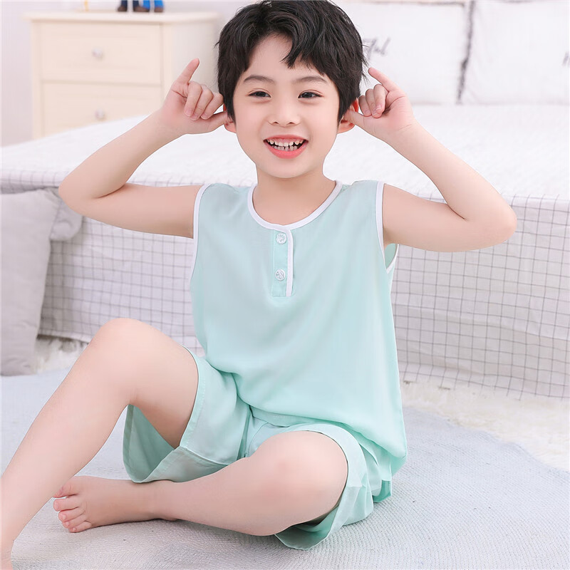 稚奴萌兒童棉綢睡衣男童女童寶寶短袖短褲綿綢夏天小孩男孩無袖背心套裝 無袖短褲淺綠色 L號(hào)建議穿160cm