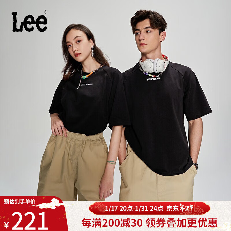 Lee商场同款23新品舒适版插肩袖男女同款短袖T恤LUT0050326VJ 黑色（尺码偏大，小一码购买） M