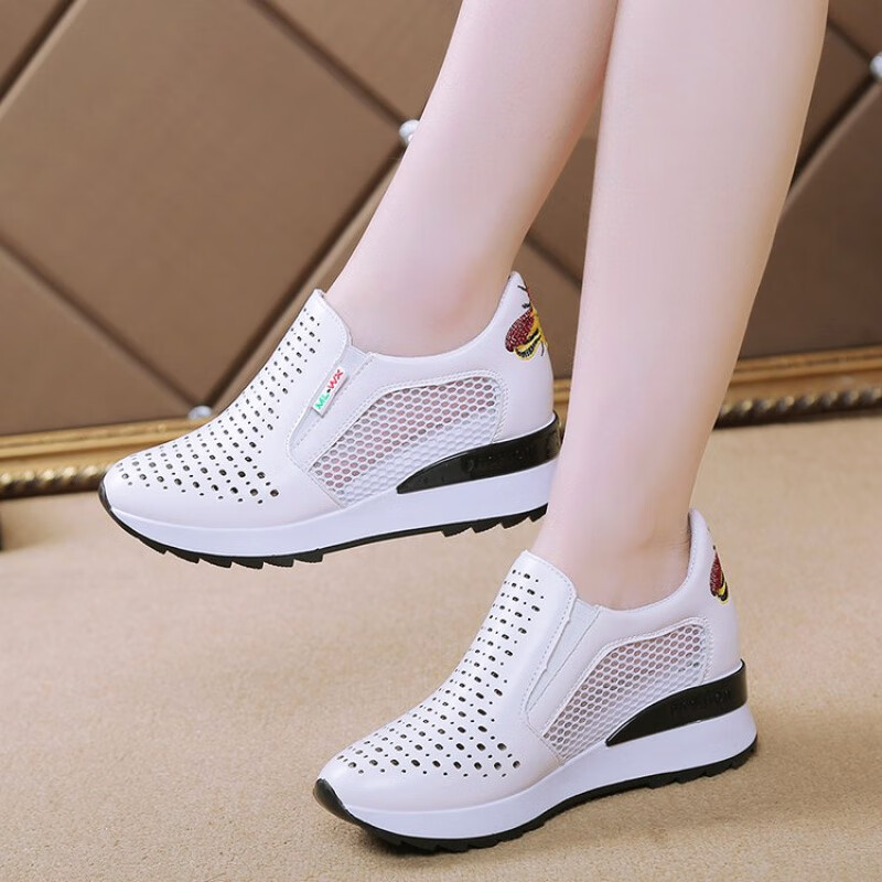夏季运动鞋网鞋内增高小白鞋女百搭时尚网面休闲鞋透气一脚蹬坡根镂空