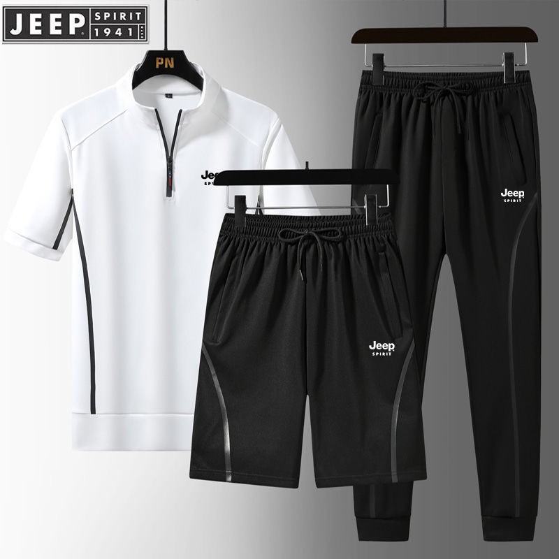 JEEP SPIRIT吉普两件套三件套冰丝短袖T恤男季新款裤子男运动套装男休闲套装 2868白色三件套 XL