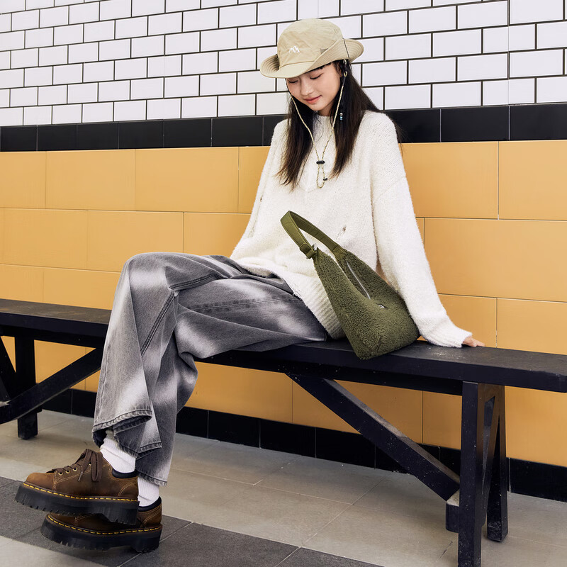 乐町喷色牛仔阔腿裤女23秋冬新款宽松长裤C2HAD4E21 深灰 S