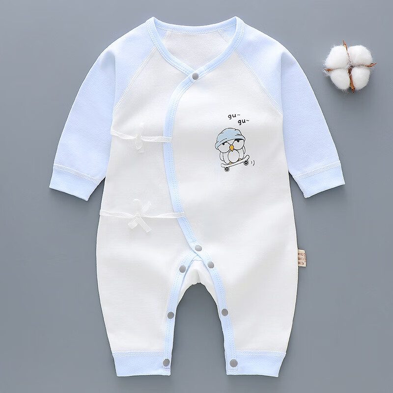 春秋长袖宝宝爬服可爱卡通婴儿无骨全棉连体衣 蓝色咕咕鸟系带 52cm